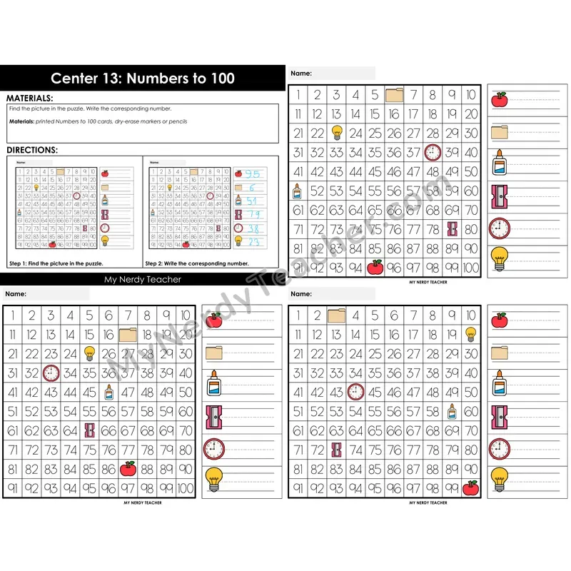 Morning Bins: Numbers to 100 Hundred Chart Picture Cards — Back to School Theme