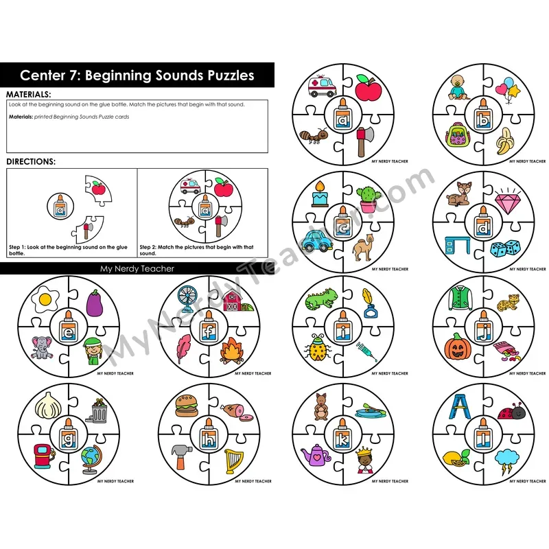 Morning Bins: Beginning Sounds Puzzle Match Cards — Back to School Glue Bottle Theme
