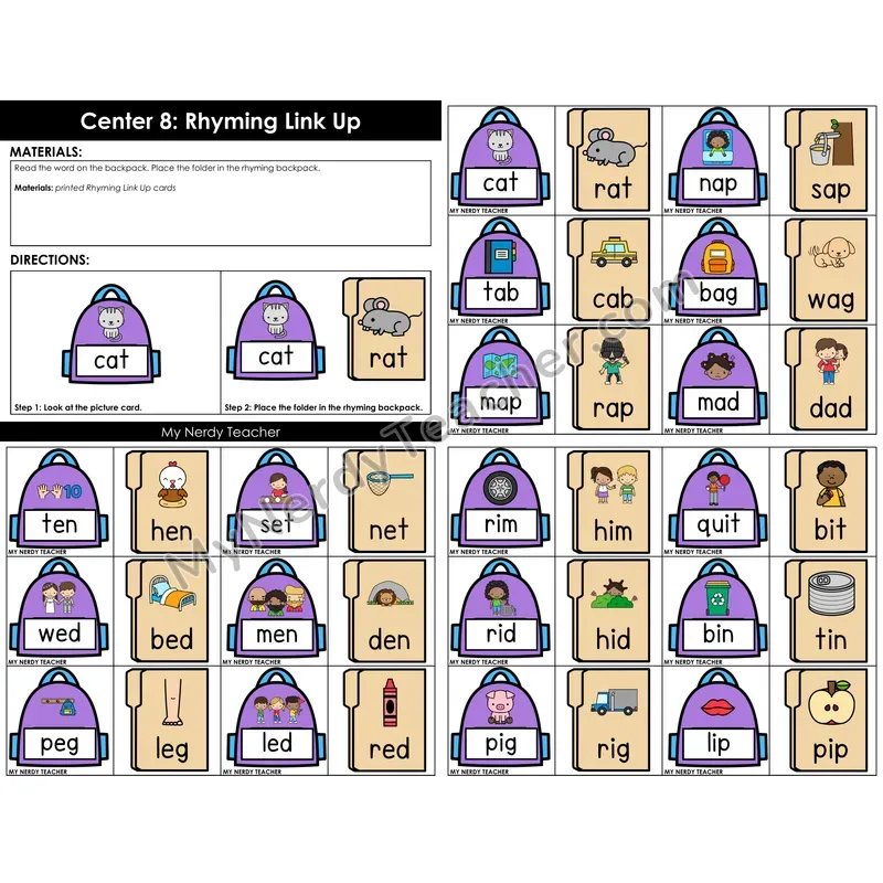 Morning Bins: Rhyming Words Link Up Backpack Cards — Back to School Theme