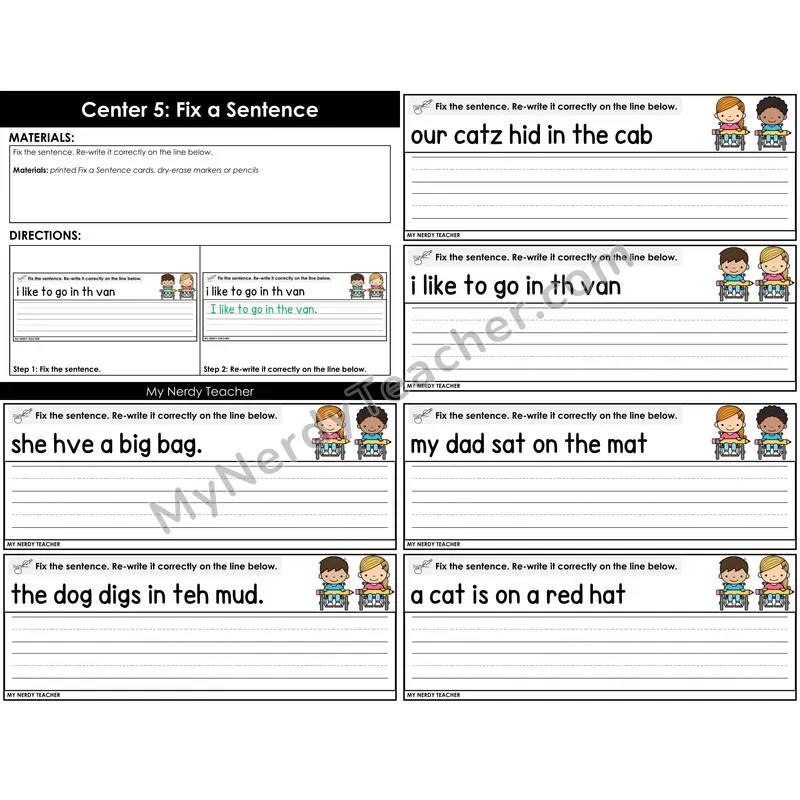 Morning Bins: Fix the Sentence Rewrite Cards — Back to School Theme
