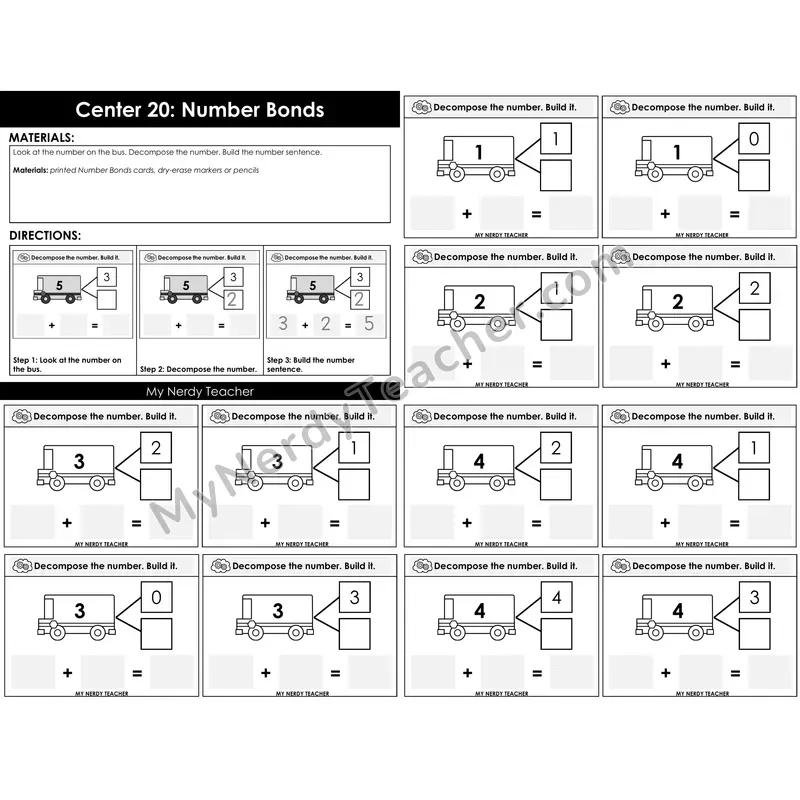 Morning Bins: Number Bonds Decompose Cards — Back to School Bus Theme