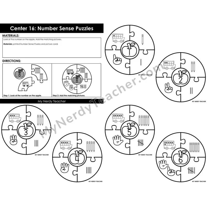Morning Bins: Number Sense Puzzle Cards — Back to School Apple Theme (1-6)