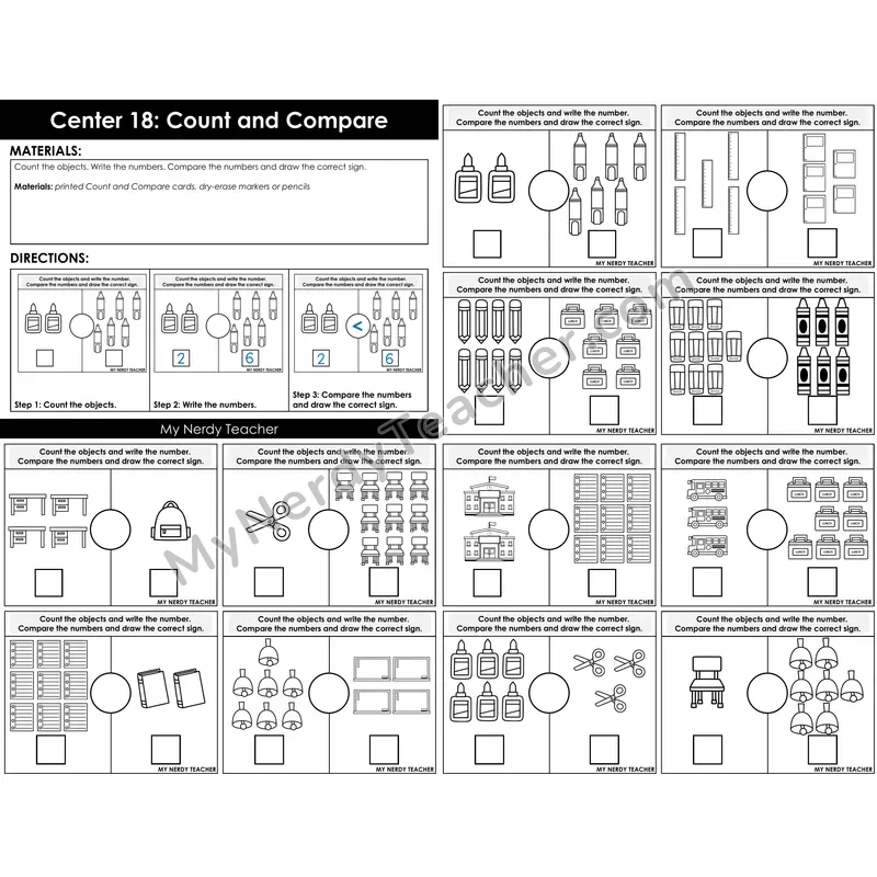 Morning Bins: Count and Compare Numbers Cards — Back to School Supplies Theme