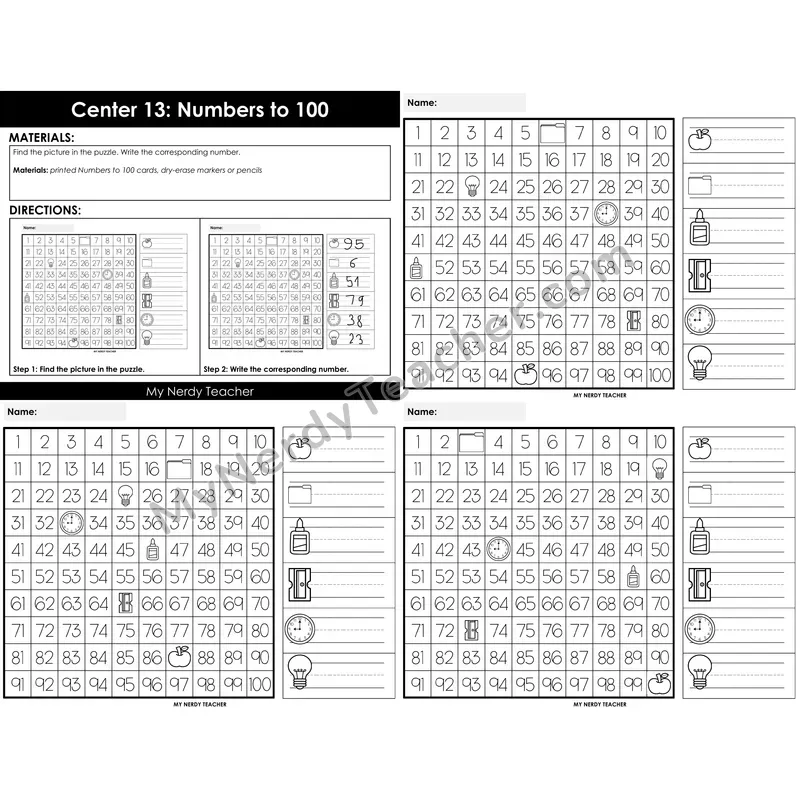Morning Bins: Numbers to 100 Hundred Chart Picture Cards — Back to School Theme