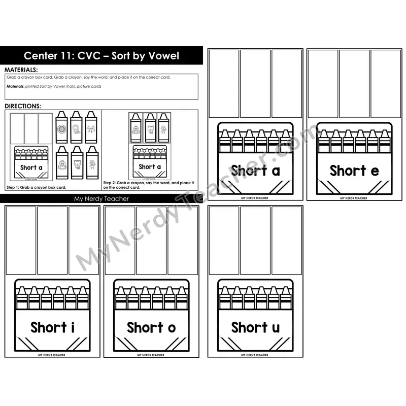 Morning Bins: CVC Words Sort by Short Vowel — Back to School Crayon Theme