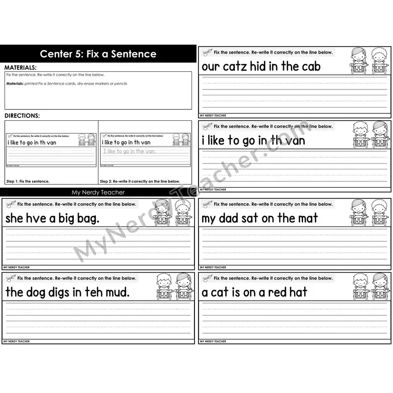 Morning Bins: Fix the Sentence Rewrite Cards — Back to School Theme