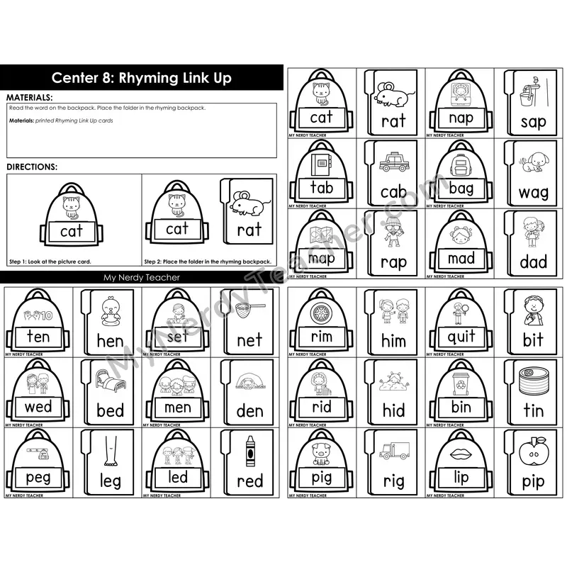 Morning Bins: Rhyming Words Link Up Backpack Cards — Back to School Theme