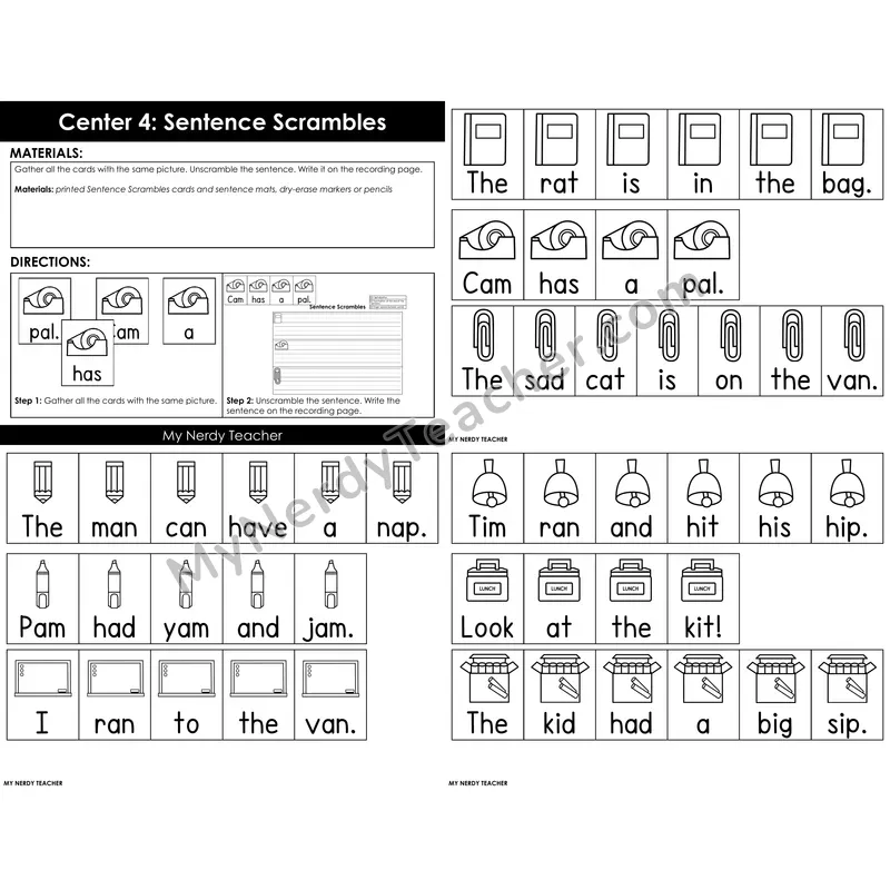 Morning Bins: Scrambled Sentences Build and Write — Back to School Theme
