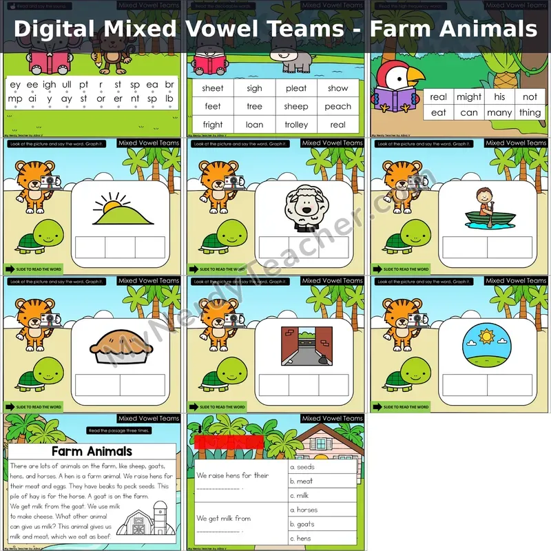 Mixed Vowel Teams Decodable Passage — Farm Animals (Google Slides)