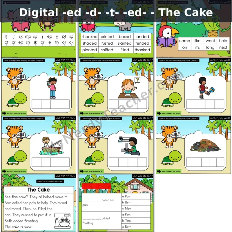 -ed /d/, /t/, /ĕd/ Decodable Passage — The Cake (Google Slides)