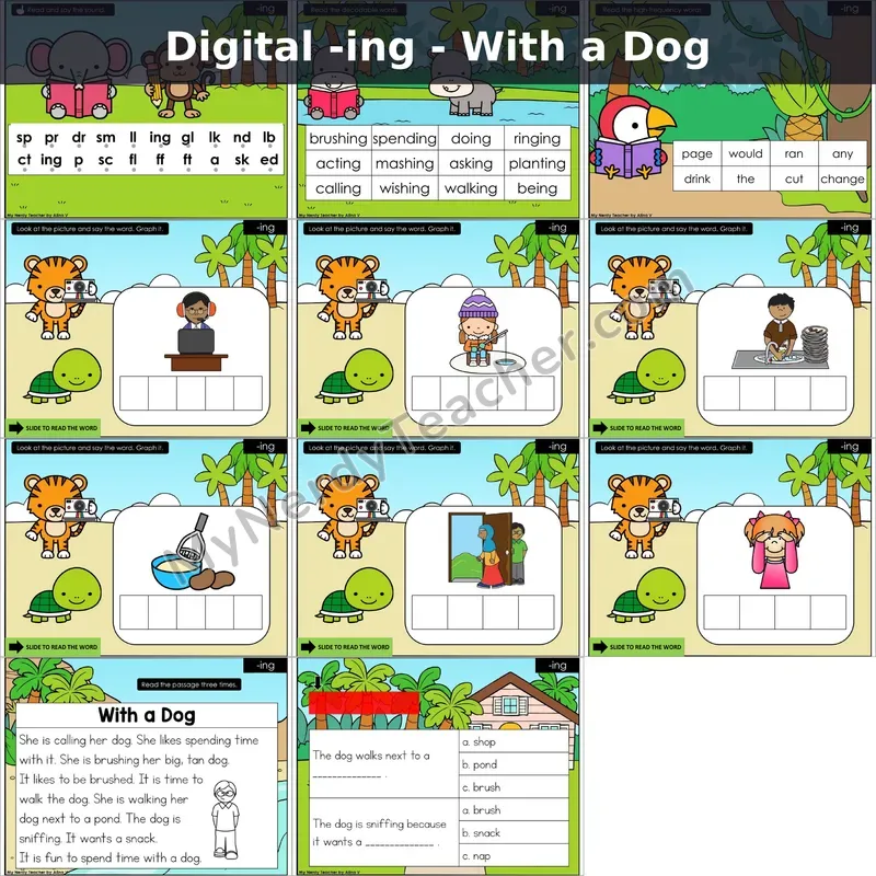 Adding -ing Suffix Decodable Passage — With a Dog (Google Slides)