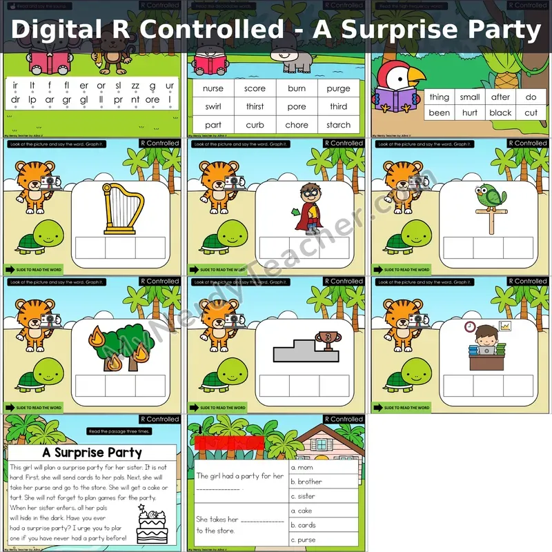 R-Controlled Vowels Review Decodable Passage — A Surprise Party (Google Slides)