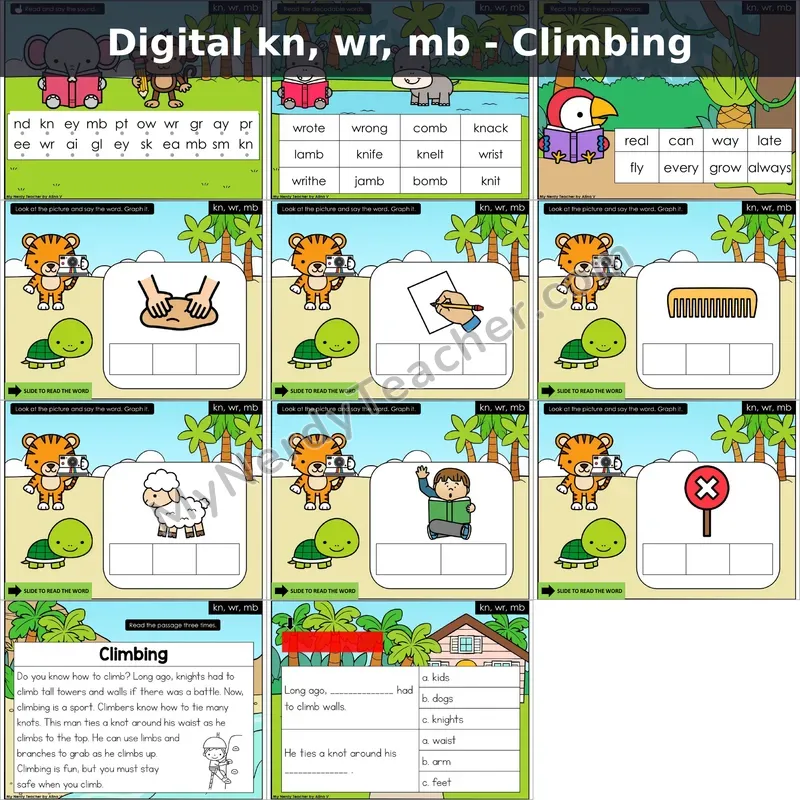 kn, wr, mb (Silent Letters) Decodable Passage — Climbing (Google Slides)