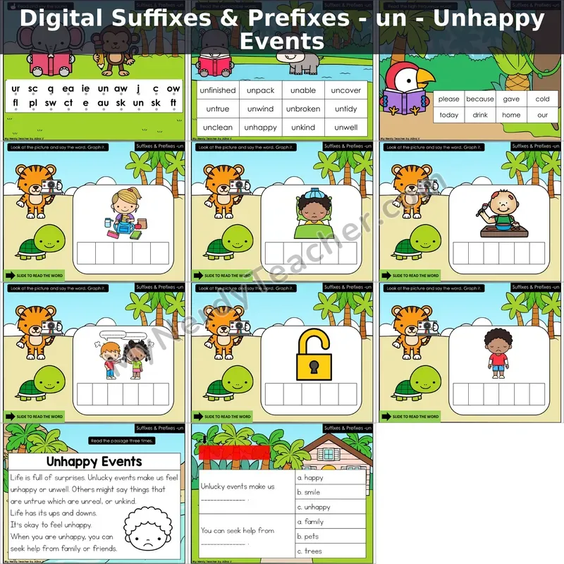 un- (Prefix) Decodable Passage — Unhappy Events (Google Slides)