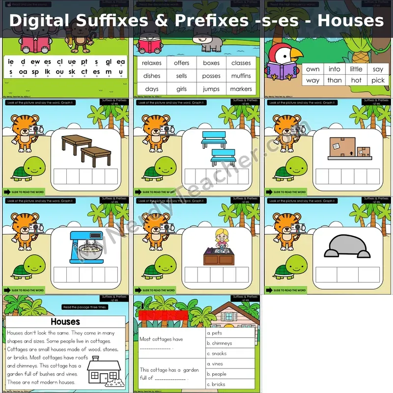 Suffixes -s, -es Decodable Passage — Houses (Google Slides)
