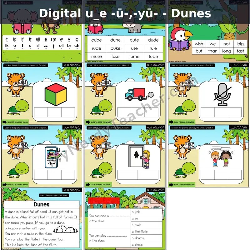 u_e /ū/, /yū/ Decodable Passage — Dunes (Google Slides)