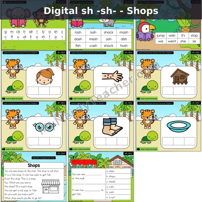 sh /sh/ Decodable Passage — Shops (Google Slides)