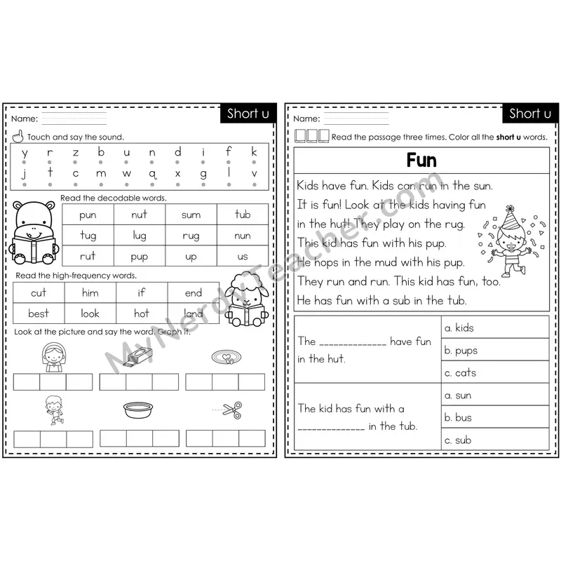 Short u /ŭ/ Decodable Passage Worksheet — 2-Page Printable