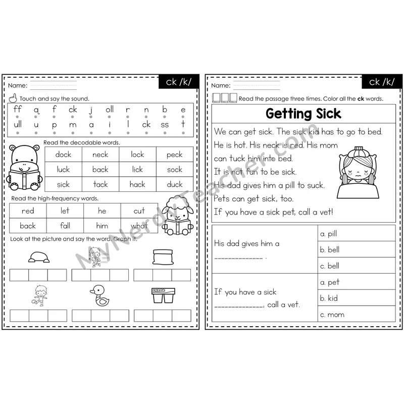 ck /k/ Decodable Passage Worksheet — 2-Page Printable