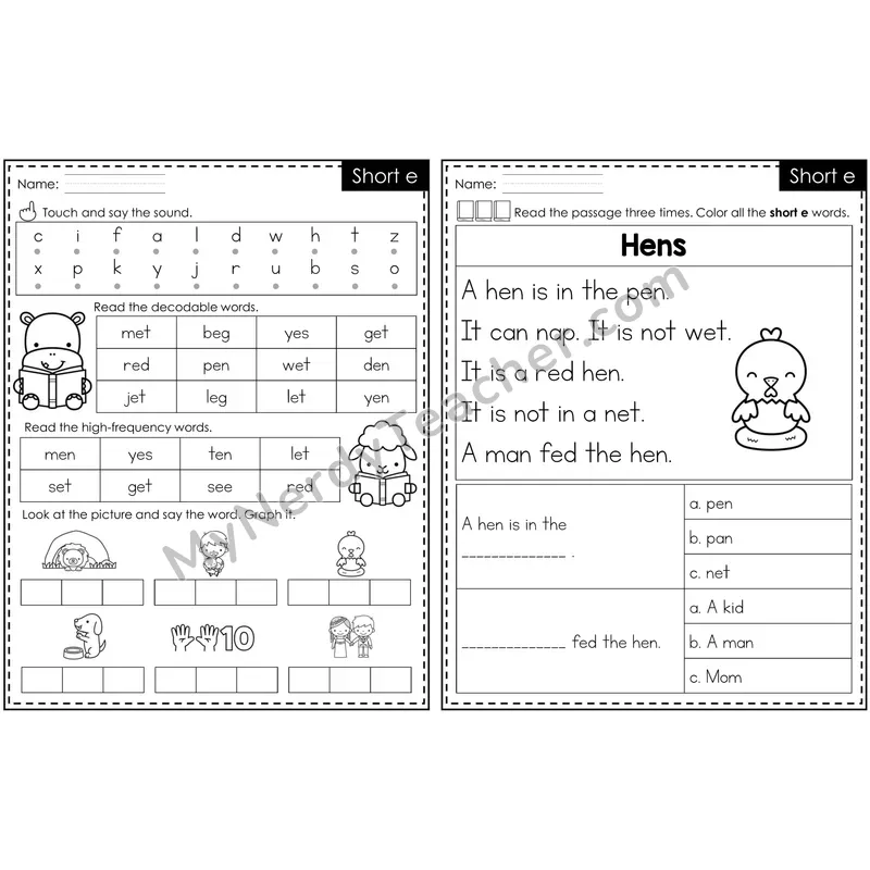 Short e /ĕ/ Decodable Passage Worksheet — 2-Page Printable