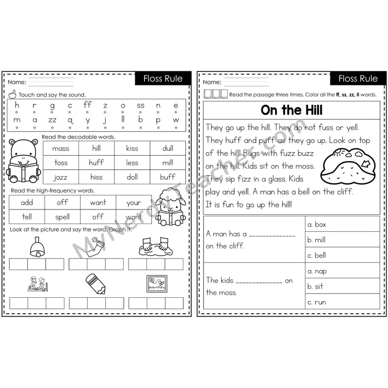 Floss Rule (ff, ll, ss, zz) Decodable Passage Worksheet — 2-Page Printable