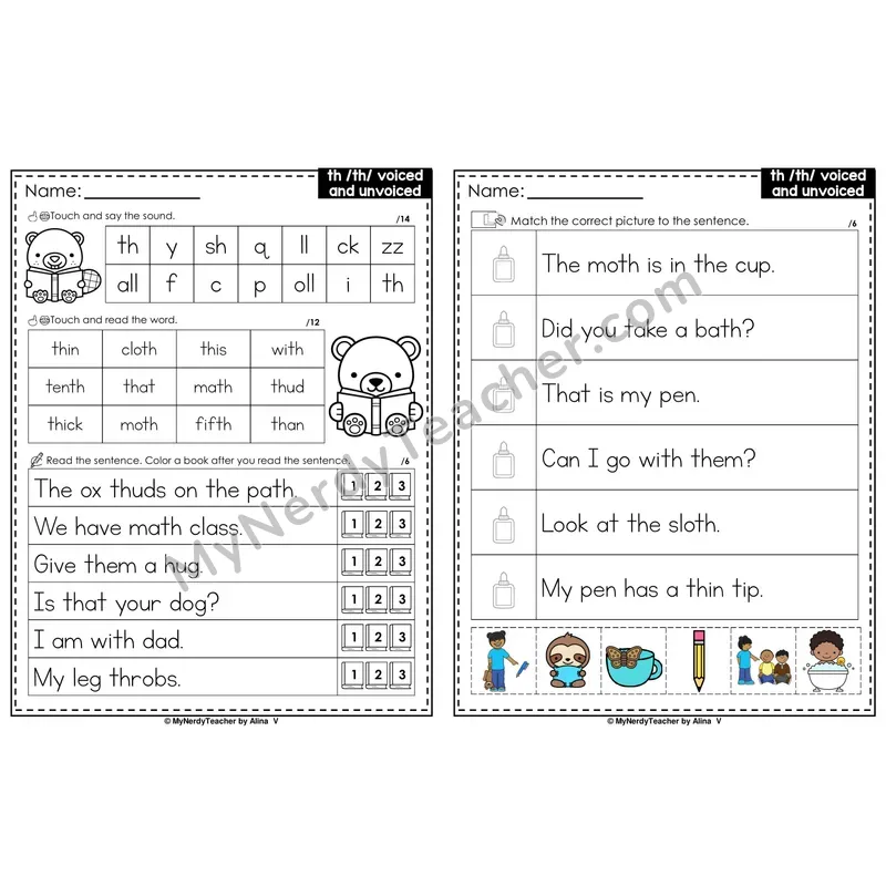 th Digraph Voiced and Unvoiced Decodable Sentences — Read and Match (PowerPoint Color)
