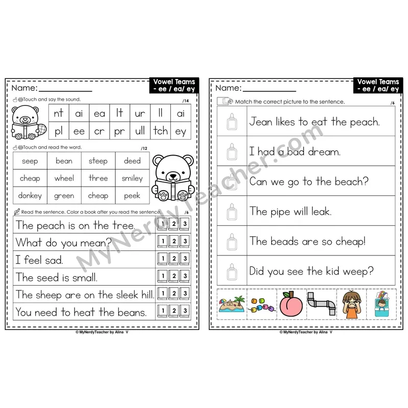 Long E Vowel Team ee, ea, ey Decodable Sentences — Read and Match (PowerPoint Color)