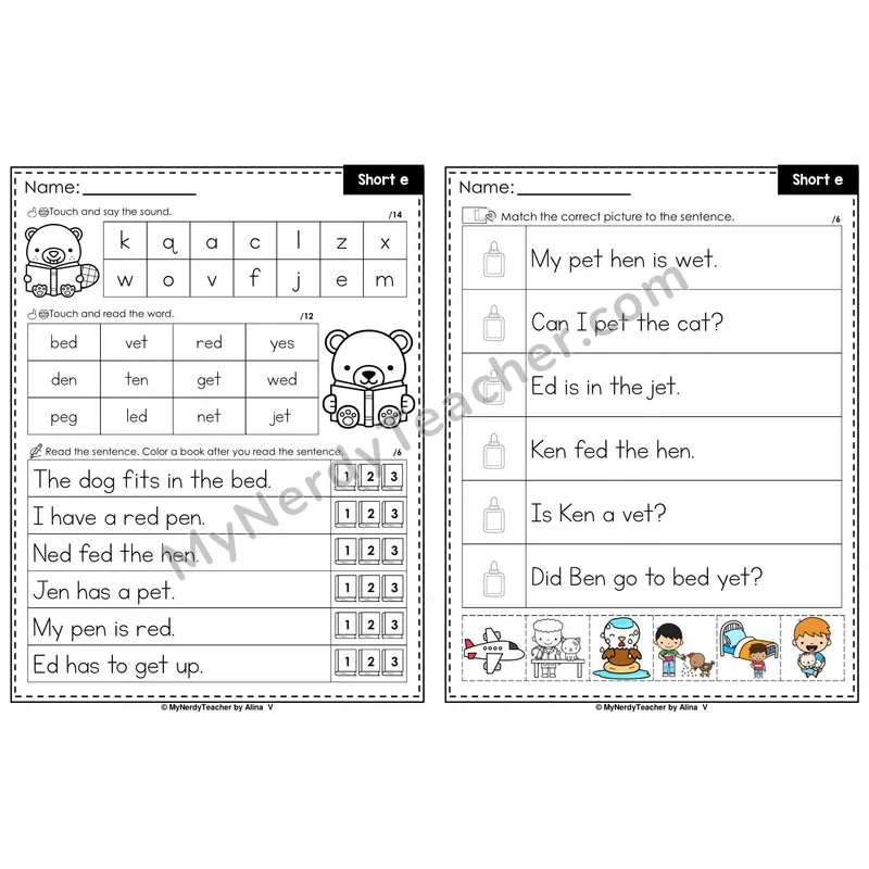 Short E Decodable Sentences — Read and Match (PowerPoint Color)