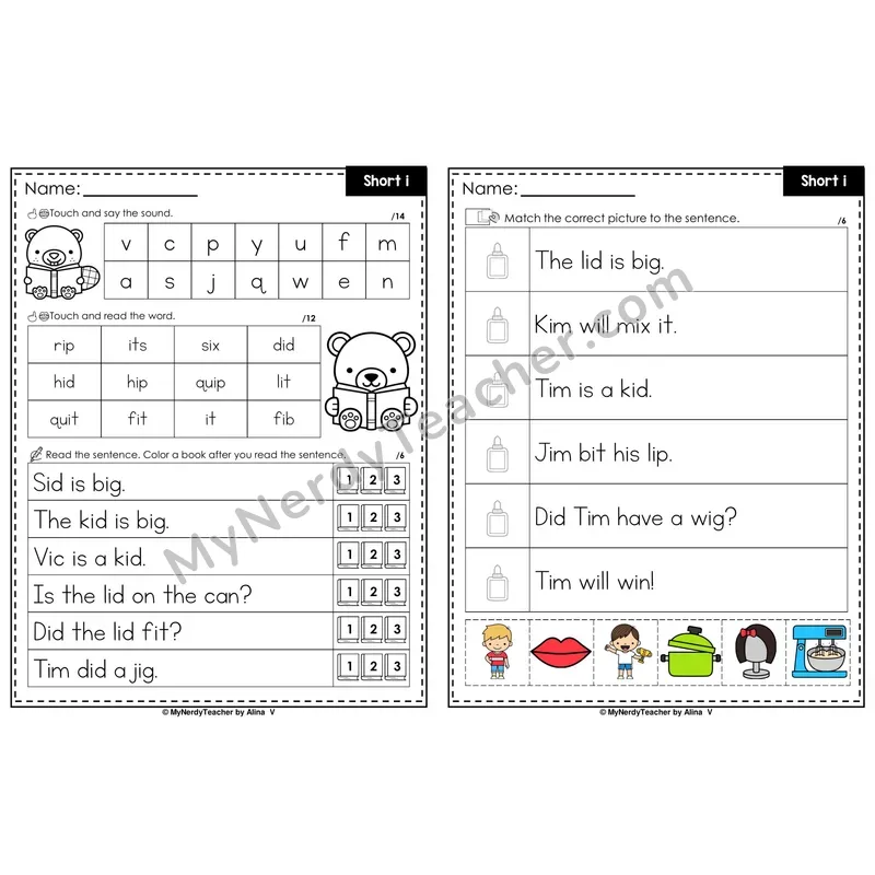 Short I Decodable Sentences — Read and Match (PowerPoint Color)