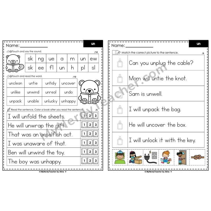 Prefix un- Decodable Sentences — Read and Match (PowerPoint Color)