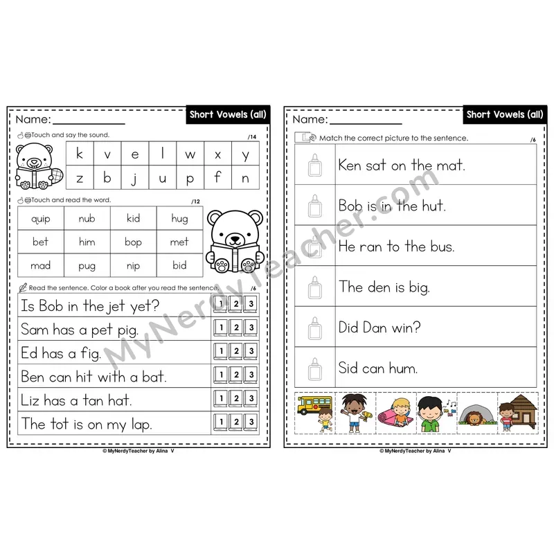 Mixed Short Vowels Review Decodable Sentences — Read and Match (PowerPoint Color)