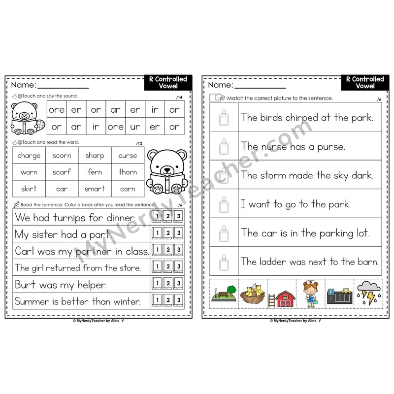 R-Controlled Vowels Review Decodable Sentences — Read and Match (PowerPoint Color)
