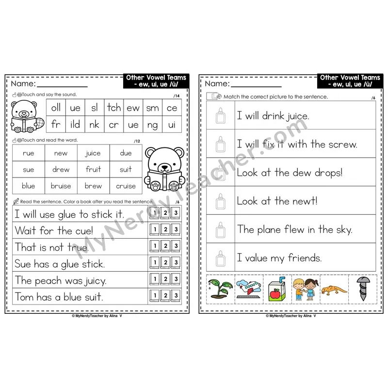 Long U Vowel Team ew, ui, ue Decodable Sentences — Read and Match (PowerPoint Color)