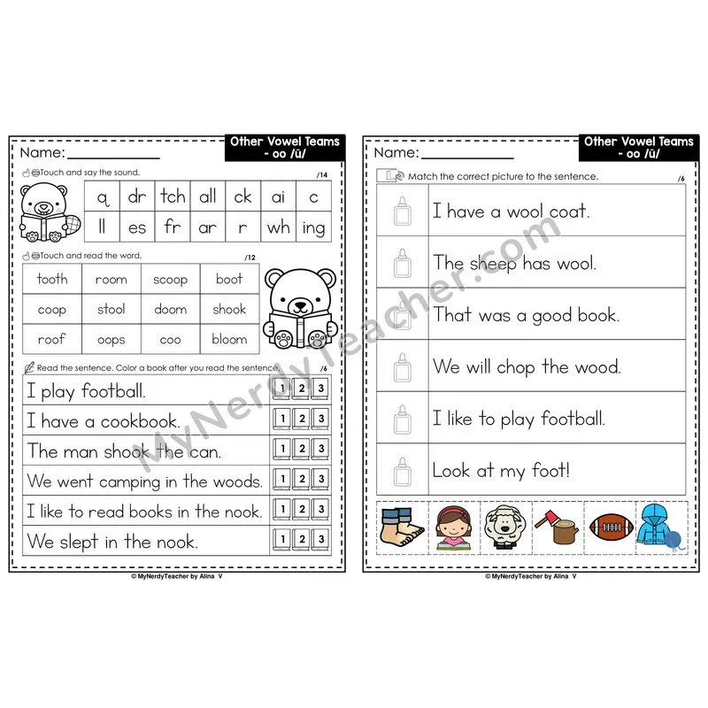Long OO Vowel Team oo Decodable Sentences — Read and Match (PowerPoint Color)