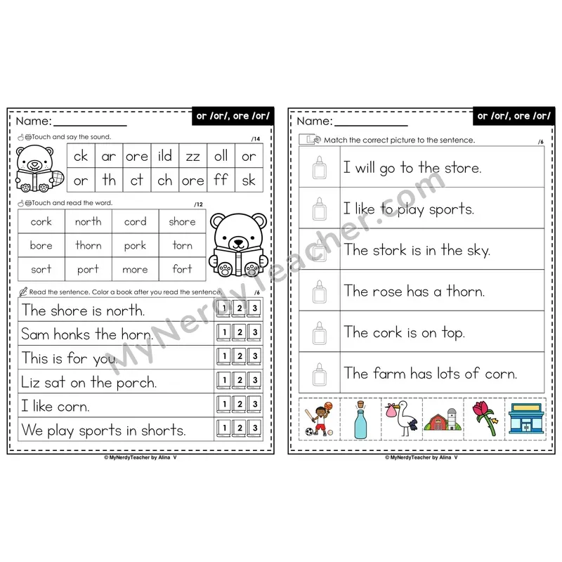 or, ore R-Controlled Vowels Decodable Sentences — Read and Match (PowerPoint Color)