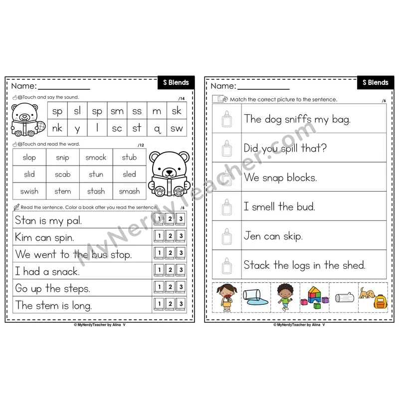 S Blends Decodable Sentences — Read and Match (PowerPoint Color)