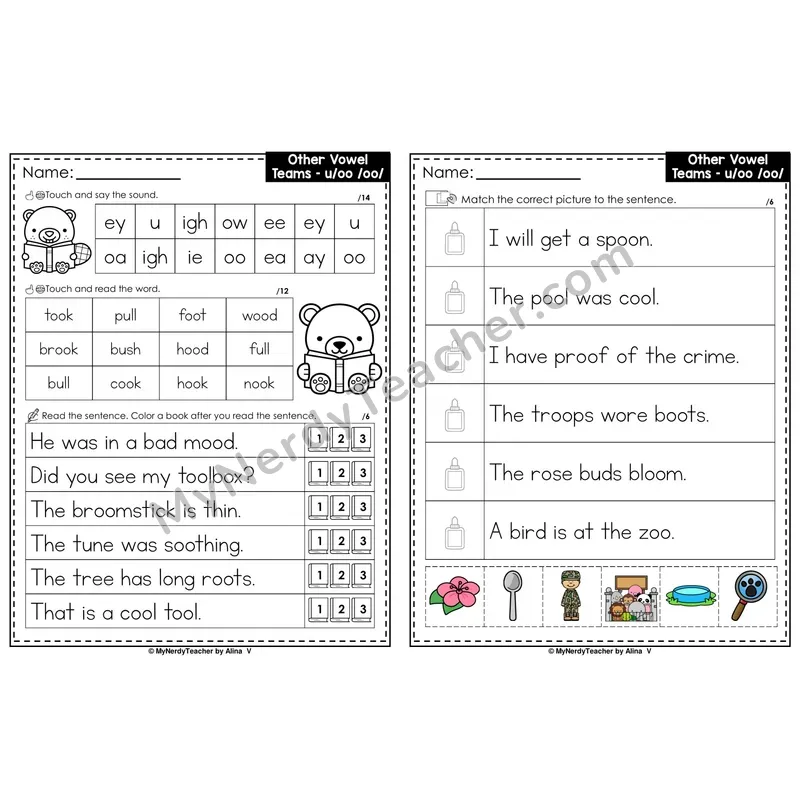Short OO Vowel Team oo, u Decodable Sentences — Read and Match (PowerPoint Color)