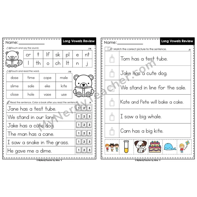 Long Vowels VCe Review Decodable Sentences — Read and Match (PowerPoint Color)