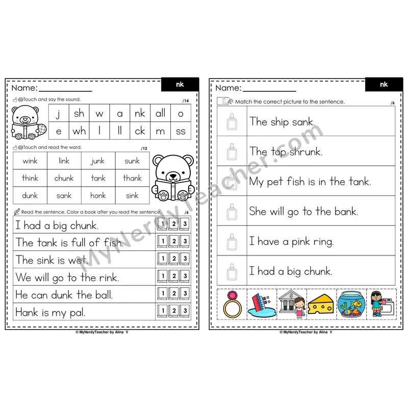 nk Digraph Decodable Sentences — Read and Match (PowerPoint Color)