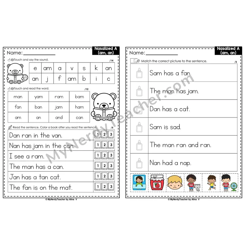 Nasalized A (am, an) Decodable Sentences — Read and Match (PowerPoint Color)