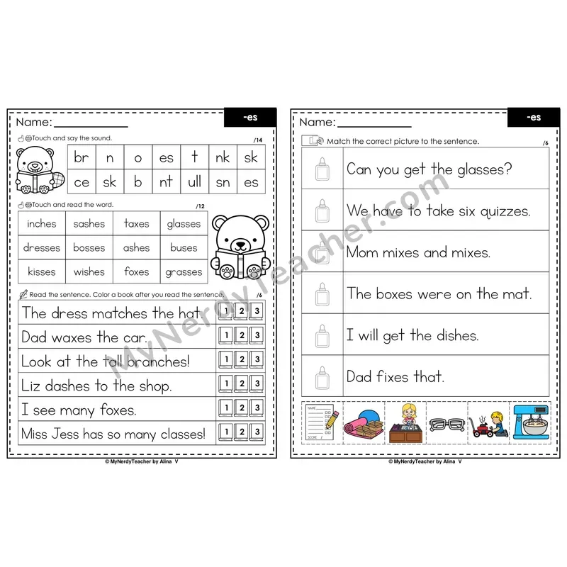 Suffix -es Inflectional Ending Decodable Sentences — Read and Match (PowerPoint Color)