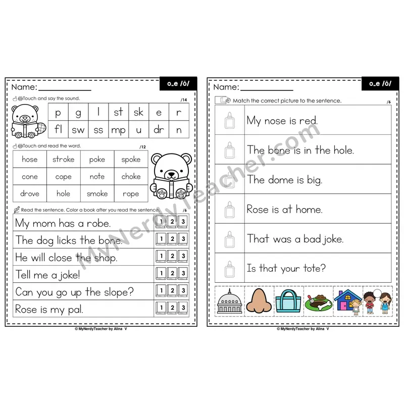 Long O o_e Magic e Decodable Sentences — Read and Match (PowerPoint Color)