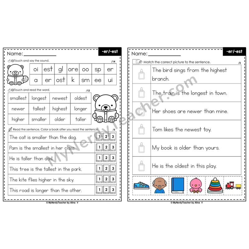 Suffix -er, -est Comparative Decodable Sentences — Read and Match (PowerPoint Color)
