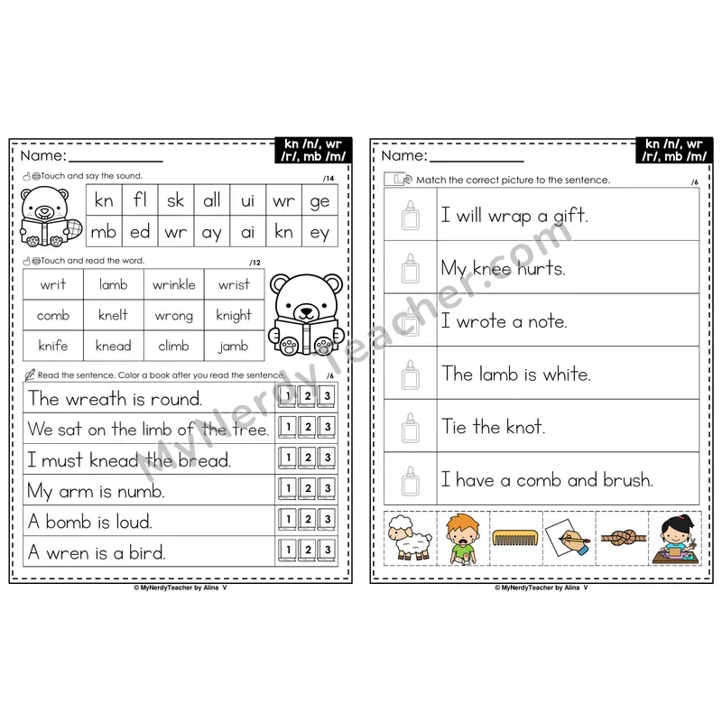 Silent Letters kn, wr, mb Decodable Sentences — Read and Match (PowerPoint Color)