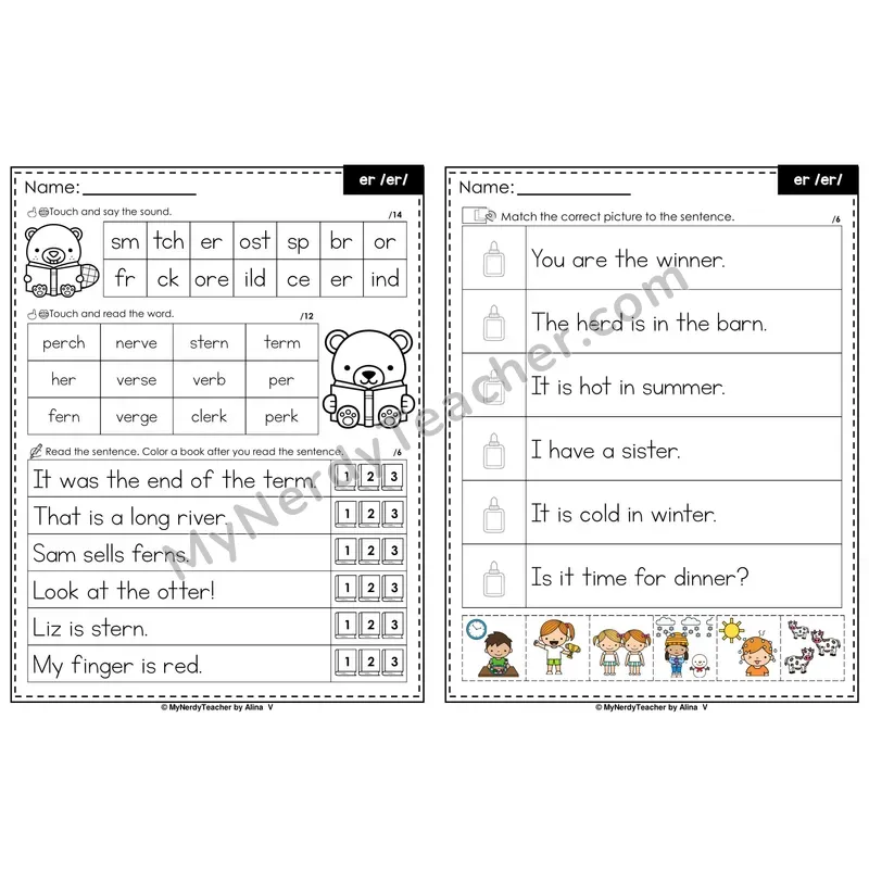 er R-Controlled Vowel Decodable Sentences — Read and Match (PowerPoint Color)