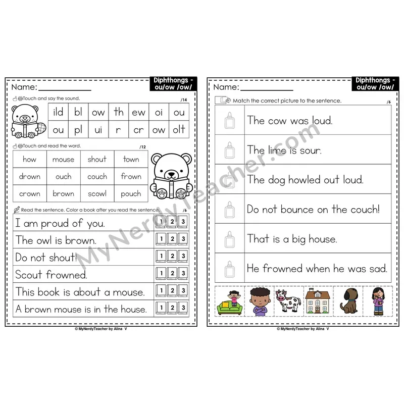 Diphthong ou, ow Decodable Sentences — Read and Match (PowerPoint Color)