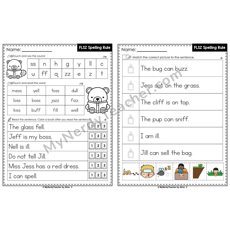 FLSZ Floss Spelling Rule Decodable Sentences — Read and Match (PowerPoint Color)