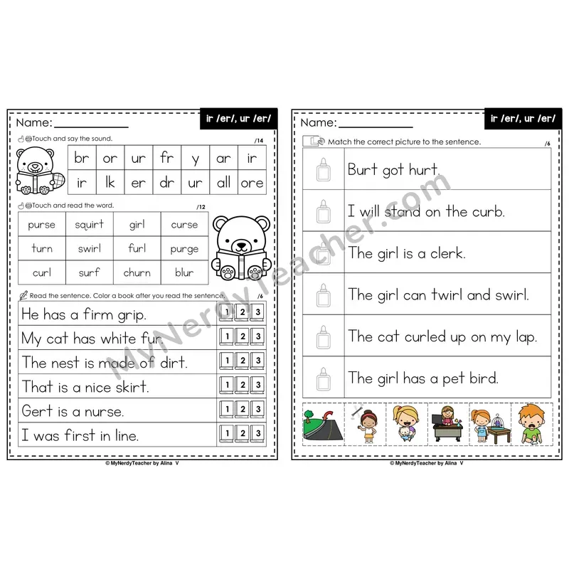 ir, ur R-Controlled Vowels Decodable Sentences — Read and Match (PowerPoint Color)