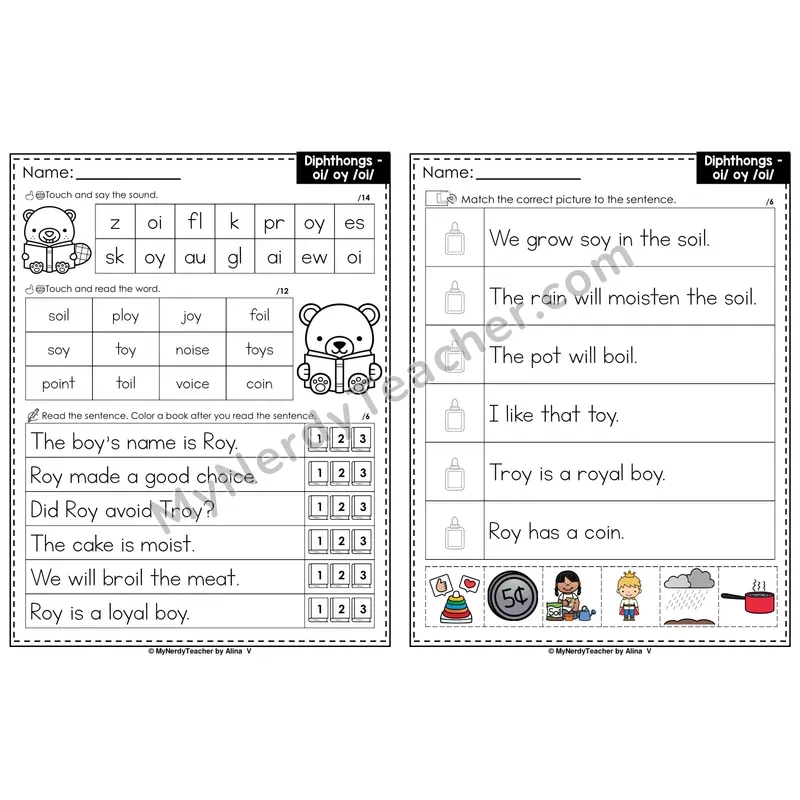Diphthong oi, oy Decodable Sentences — Read and Match (PowerPoint Color)