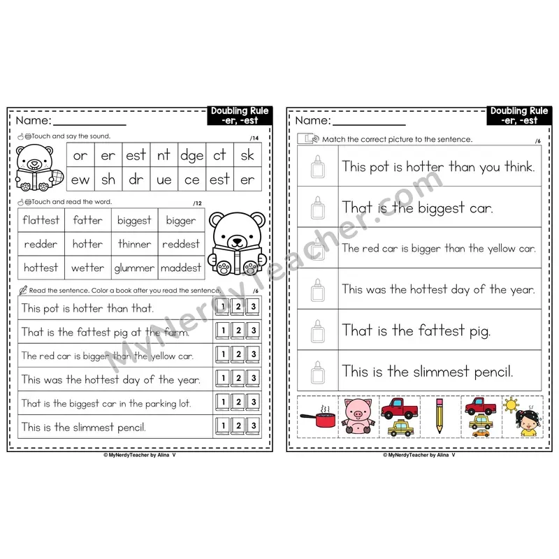 Doubling Rule with -er, -est Decodable Sentences — Read and Match (PowerPoint Color)